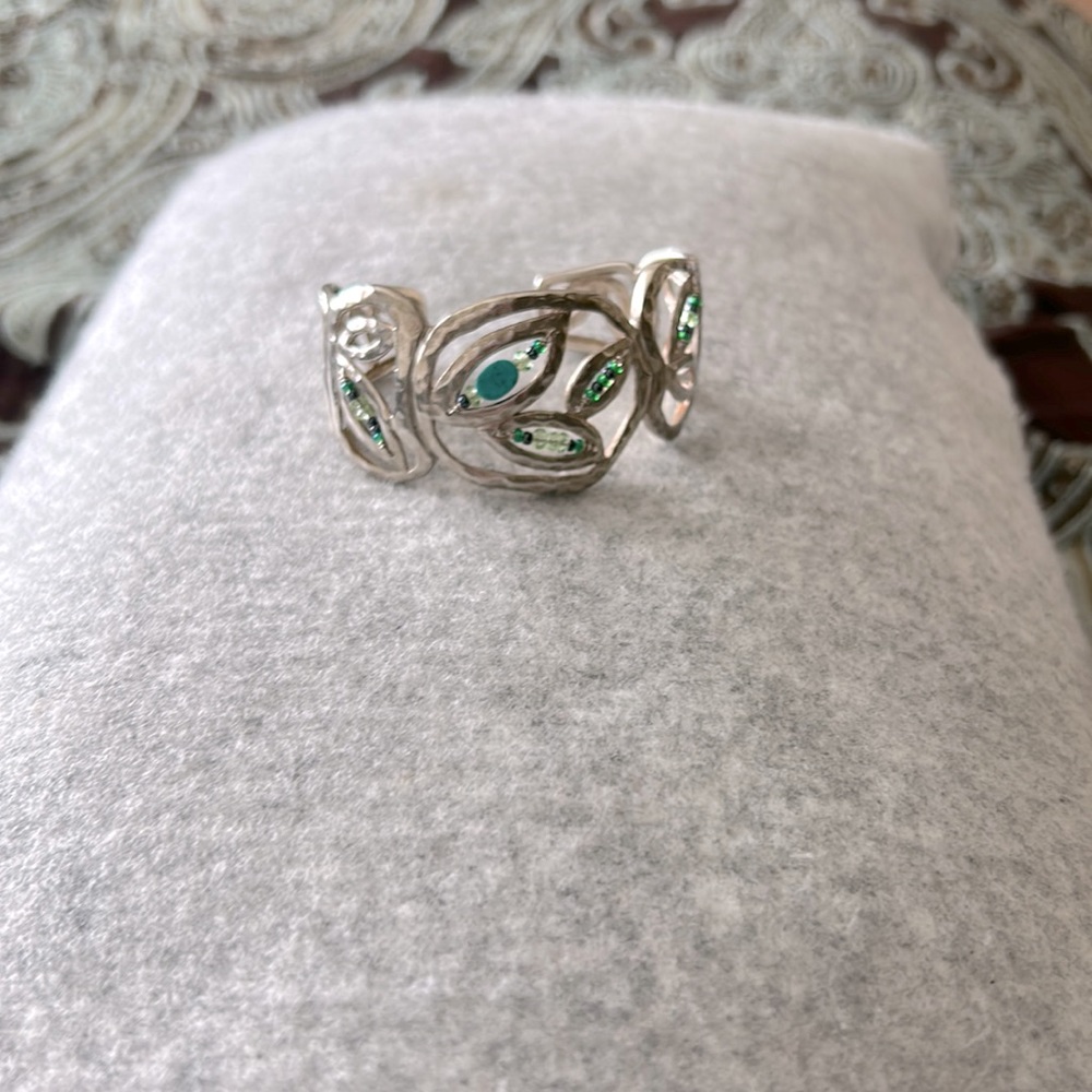 Turquoise, blue green bead accents in open etched silver .925 bangle
